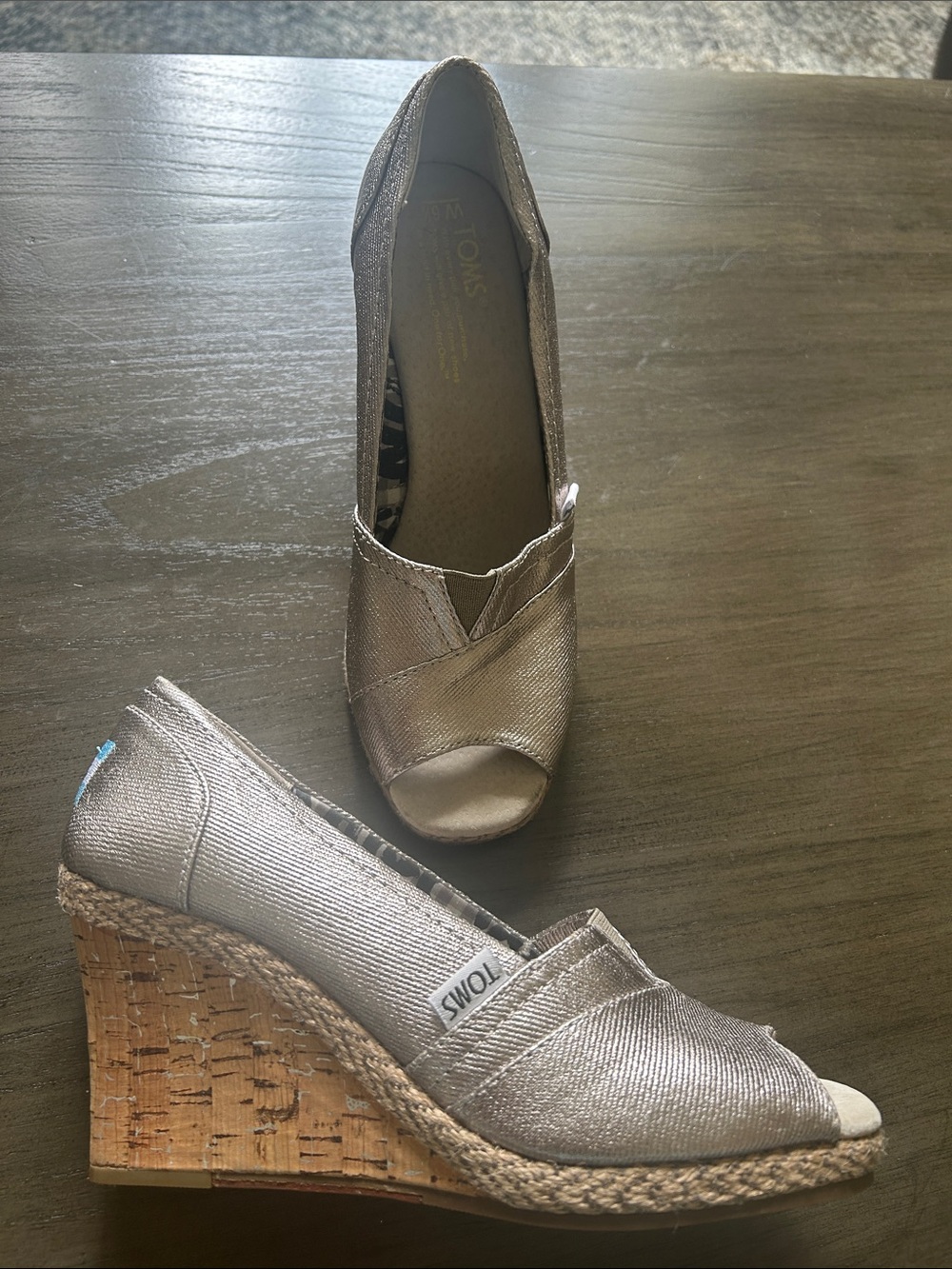 TOMS Metallic Taupe Peep-Toe Espadrille Wedge